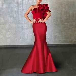 (Fits 6-8) NWT Unbranded Satin One-Shoulder Ruffle Mermaid Gown with Corset Back